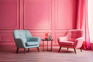 Interior of a pink room with colored chairs, armchairs Generative Ai