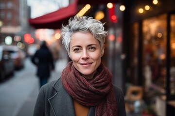 Obraz premium Portrait of a beautiful middle-aged woman with short gray hair and a red scarf on a city street