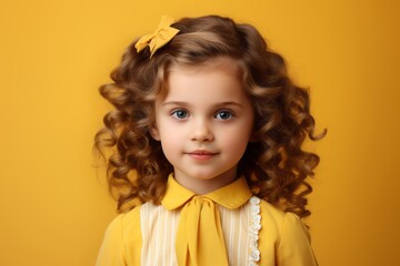Portrait of a cute little girl with curly hair on a yellow background