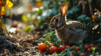 Rabbit munching on fresh vegetables - obrazy, fototapety, plakaty