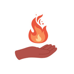 Burning fire in hand. Person holding hot glowing flame. Vector illustration in flat style