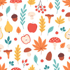 Seamless pattern with autumn leaves, plants, mushrooms, fruits. Fall season, hello autumn. Vector illustration in flat style - obrazy, fototapety, plakaty