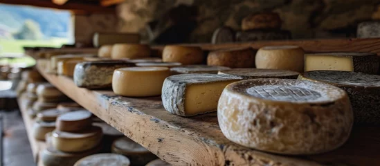 Zelfklevend Fotobehang Aging of alpine cow's milk cheeses in Bergamo's alps © TheWaterMeloonProjec