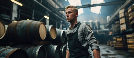 A young, strong employee in an apron carries a metal barrel in a warehouse for a modern brewery.