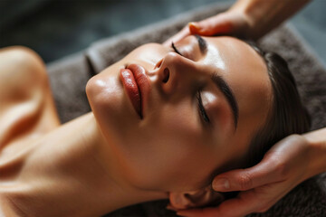 Obraz na płótnie Canvas young beautiful woman enjoying a massage from a cosmetologist. hands of a cosmetologist doing a facial massage 