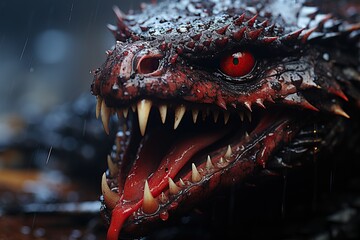 Close-up of a menacing dragon head with sharp teeth and red eyes