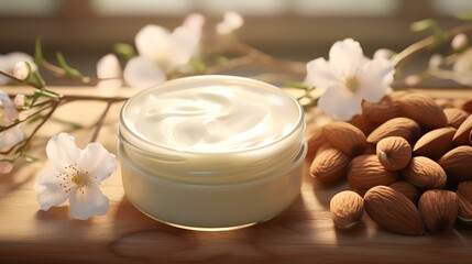 Fototapeta na wymiar Jar of body cream with almond nuts on wooden table, closeup