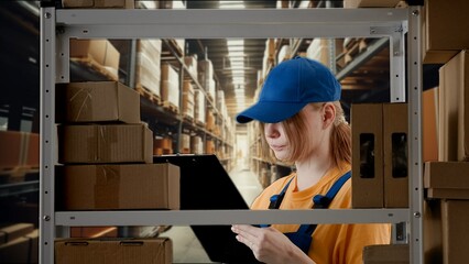Portrait of female model working in storage. Girl storekeeper in uniform standing near rack with...