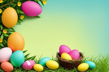 Fototapeta premium Easter eggs in basket with garland on green background vector illustration