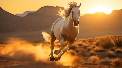 Majestic white horse galloping through wild dry landscape with sun settling down in the horizon - obrazy, fototapety, plakaty