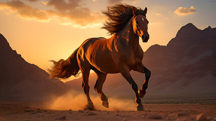 Majestic brown horse galloping through wild dry landscape with sun settling down in the horizon