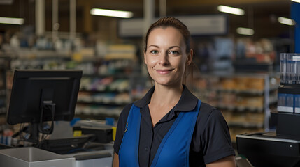Fototapeta premium Close up of young female cashier in supermarket facing the camera 