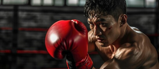 Asian boxer training with red glove at gym.