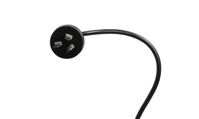 Black electrical plug with flat pins and cable on a white background.