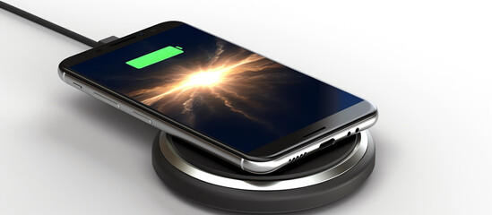 a cell phone on a wireless charger - obrazy, fototapety, plakaty