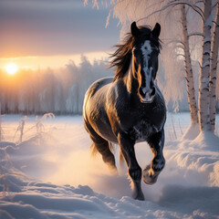 horse in snow - obrazy, fototapety, plakaty
