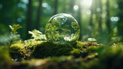 Obraz na płótnie Canvas Crystal Globe Resting on Lush Moss. Global Sustainability. Crystal Globe Amidst Verdant Moss. Environment, Society, Governance: Crystal Globe on Moss.