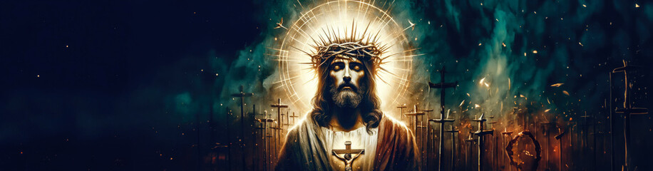 Jesus Christ wearing a crown of thorns, medium shot portrait in a foggy cloud, banner illustration with copy space. Concept for the religious holiday of Easter - Powered by Adobe