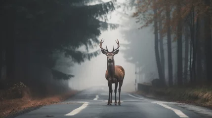 Schilderijen op glas Deer standing on the road near the forest on a misty, foggy morning. Road hazards, wildlife and transport. Road Safety Alert. Deer on Foggy Morning Near Forest Cautioning Road Hazards. © Yauhen