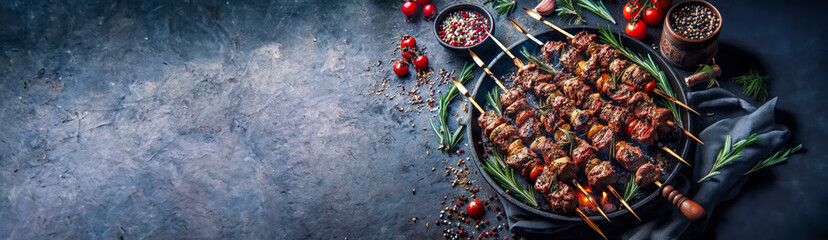 Grilled pieces of meat. Appetizing pieces of roasted meat on fire. Barbecue meat background. banner with copy space