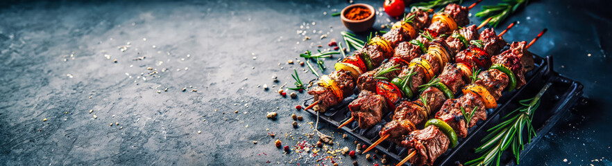 Grilled pieces of meat. Appetizing pieces of roasted meat on fire. Barbecue meat background. banner...