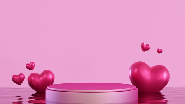 Pink vibrant podium with animated hearts, in water. Neon light. Valentine's, Mother's, Women's Day. Stage with copy space for product presentation. Mockup. Pedestal or platform for beauty products. 3D