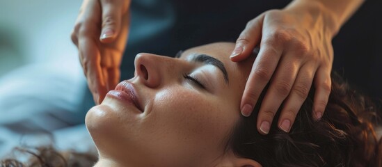 CST practitioner massaging woman's head.