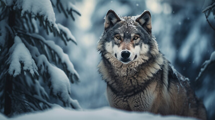 A wolf among the snow in the forest