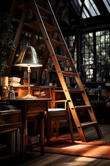 Interior shot of a room with a wooden ladder and a lamp
