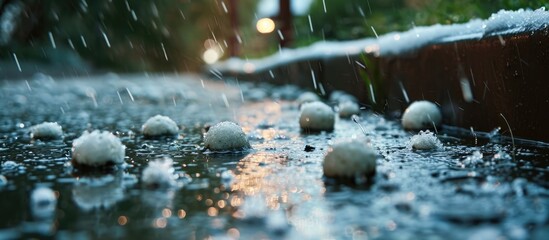 Hail balls under gutter in flooded garden after thunderstorm. - obrazy, fototapety, plakaty