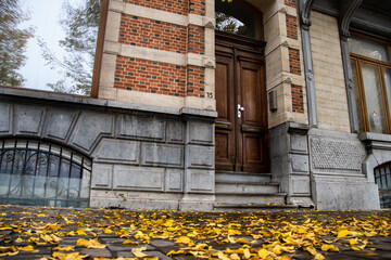 Historic brick and stone entrance with a wooden door © Miros