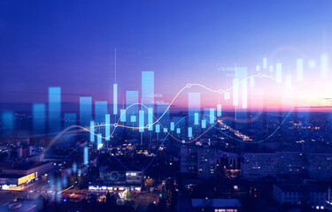 Big data chart on city backdrop.Trade technology, and investment analysis.Business development, financial plan and strategy. - obrazy, fototapety, plakaty
