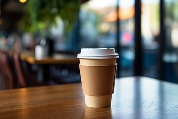Paper takeaway coffee cup with a lid in a cafe on the wooden table