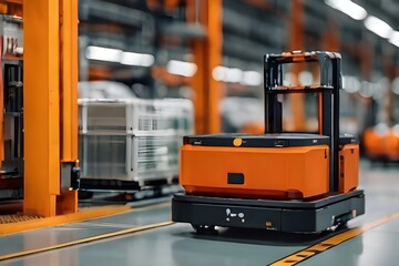Automated Guided Vehicle in Industrial Environment. Autonomous AGV Transports Battery Pack on EV Production Line on Advanced Smart Factory. Electric Car Manufacturing. 