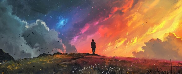 a lonely man against the background of a multicolored sky, the world. loneliness, eternity, the meaning of life concept - obrazy, fototapety, plakaty
