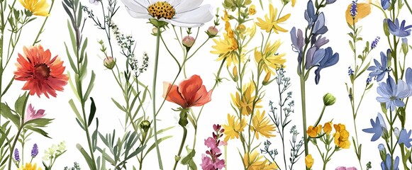 A watercolor painting of a vibrant field of wildflowers in full bloom on white background. representing the flowers grow in. - obrazy, fototapety, plakaty