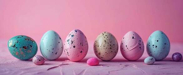 A cluster of pastel pink and blue Easter eggs sits on a soft pink textured surface. The eggs are various shades of pink and blue, some with polka dots, stripes, and floral patterns. 