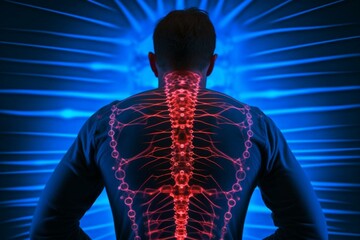 Neon artwork depicting back pain in 3D. Generative AI