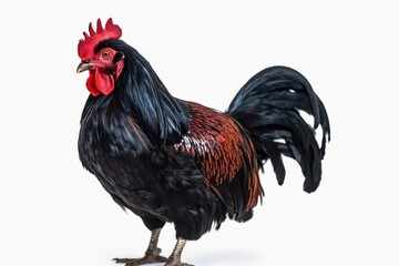 chicken have red comb. Black australorp rooster stand on isolated white background.,png. Generative AI