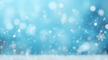 Fototapeta premium Falling snowflakes and Bokeh with white snow, blurry backdrop, light blue backround, winter snow, generative ai, high quality bokeh