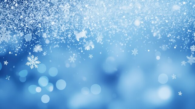 Falling snowflakes and Bokeh with white snow, blurry backdrop, light blue backround, winter snow, generative ai, high quality bokeh