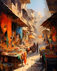 Digital painting of a street market in Essaouria, Morocco