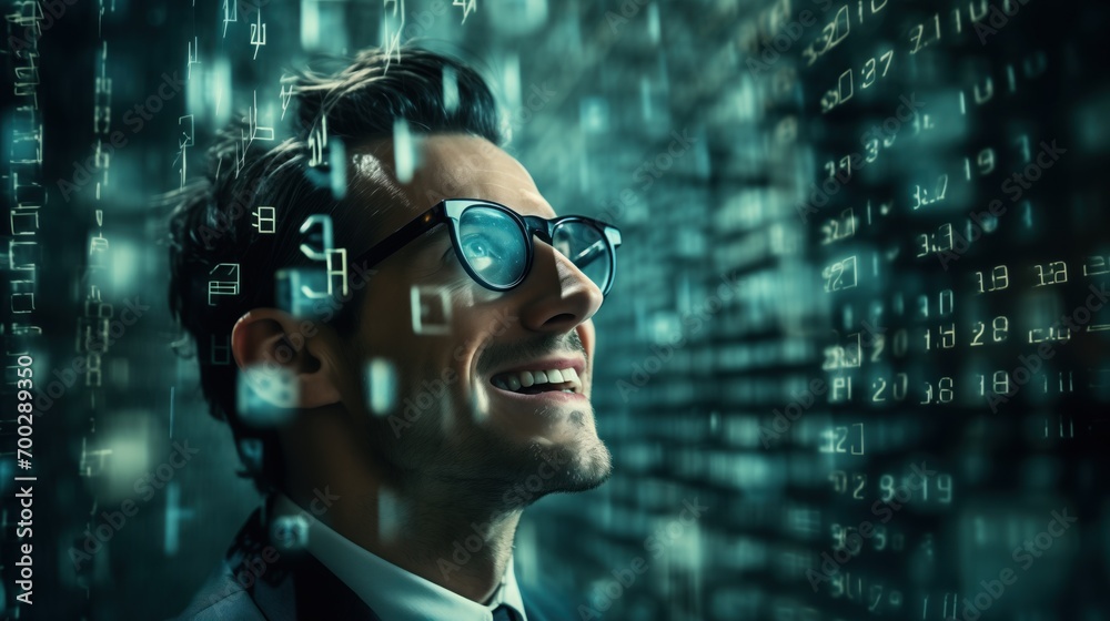 Wall mural binary digits flowing in front of man with glass, developer man, cinematic profile, happy man, showi