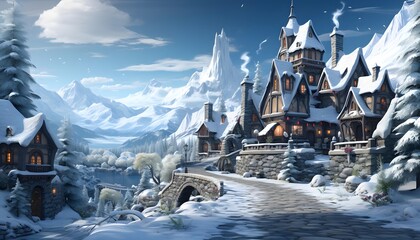 Winter landscape with snow covered houses and bridge in the village, 3d render
