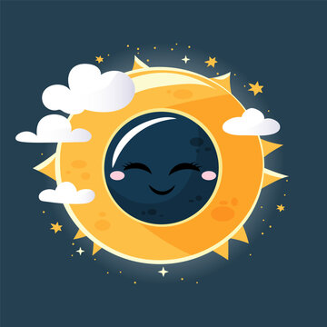 Hand drawn solar eclipse concept. Cute vector design with smiling moon, sun and clouds.