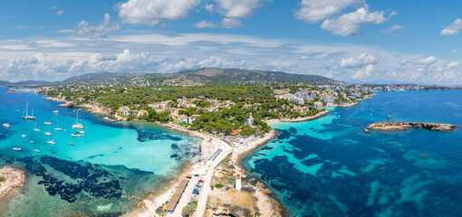 Aerial view with Cala Xinxell and Illetes, Mallorca haven for sun, sand, and sea, offering exclusive leisure in a picturesque setting. - obrazy, fototapety, plakaty