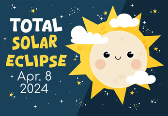 Total solar eclipse hand drawn banner. Vector moon cute character design.