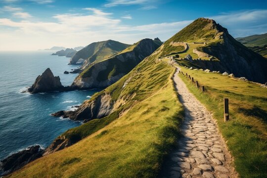 Trail leading to San Juan de Gaztelugatxe, situated in the Basque Country, Spain.