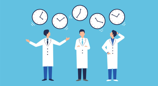 医師の働き方改革のイラストイメージ、ドクターと時計、ベクター