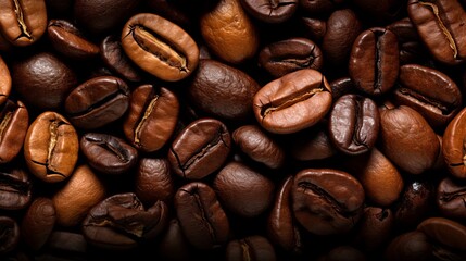 Close-Up Dark Roasted Coffee Beans Top View Background for Coffee Lovers and Coffee Shops